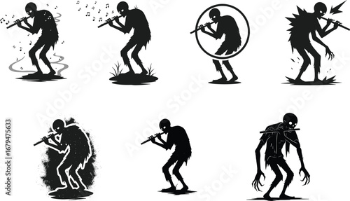 Creepy skeleton zombies playing flute, dark silhouette characters with eerie vibe, Halloween horror illustration, spooky undead musicians, scary monster artwork
