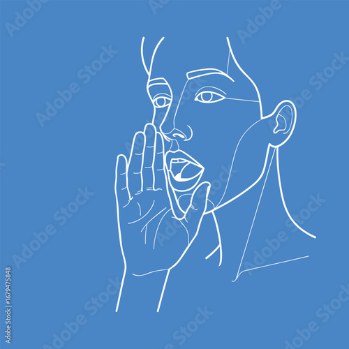 Abstract line art of a person whispering with a blue background, conveying communication and expression