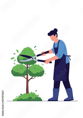 Professional gardener skillfully trimming lush green bush with garden shears