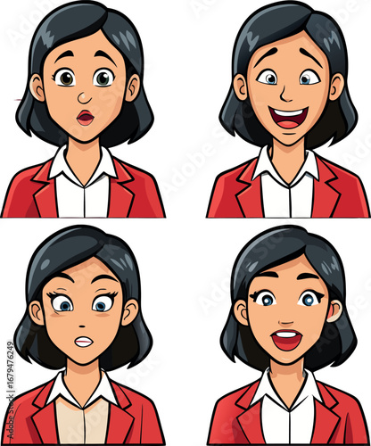 Diverse Facial Expressions of a Woman in a Red Blazer Showing Different Emotions
