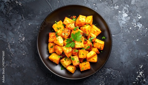 Traditional Spanish potato, patatas bravas with smoked paprika, spicy tomato sauce and parsley in a white bowl