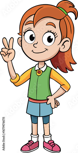 Animated young girl with red hair showing peace sign and smiling happily