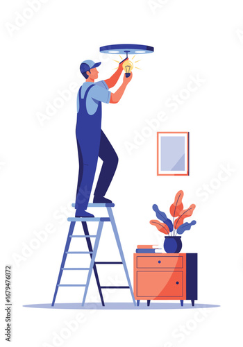 Skilled technician replacing a light bulb on a stepladder indoors