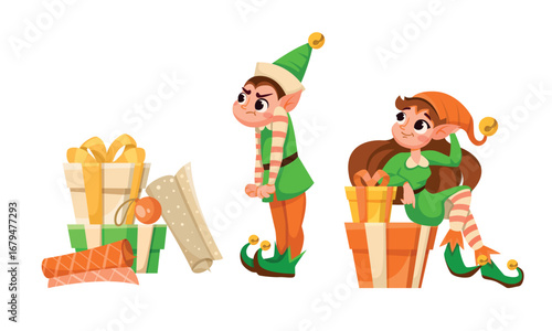 Cheerful Holiday Elves are Smiling while Holding Gifts and Presents for Everyone to Enjoy