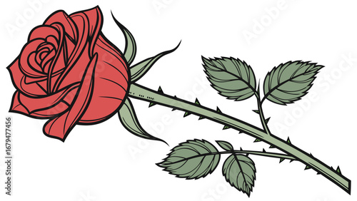Illustration of a red rose with a green stem with thorns and leaves on a white background image art created with generated ai