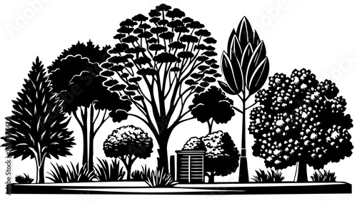 Silhouette of various trees and foliage creating a dense forest line in black and white art style created with generated ai