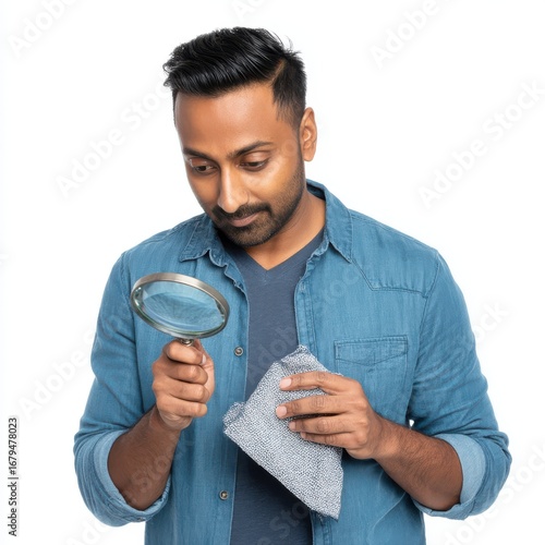 South Asian Man in Casual Attire Cleaning with a Magnifying Glass