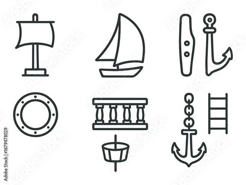 Nautical icons set featuring anchor, ship wheel, sailboat, porthole, lifebuoy