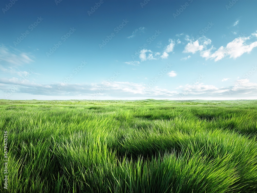 Fototapeta premium Vast Green Field Under Blue Sky with Clouds