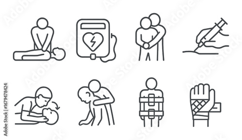 Icons of first aid procedures and emergency medical techniques