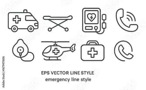 Emergency medical icons: ambulance, helicopter, stretcher, heart monitor, call symbols