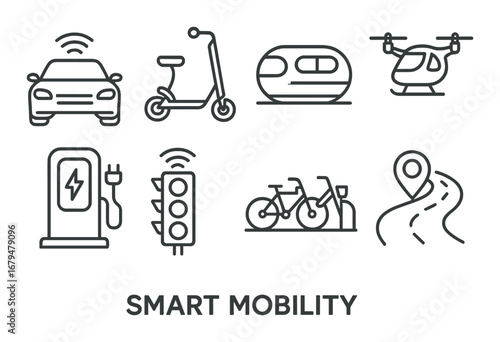 Futuristic smart mobility icons including car, scooter, charging station, and map path
