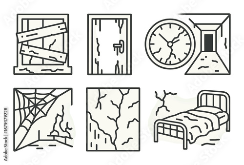 Abandoned building icons: broken windows, cracked walls, clock, cobweb, bed, door