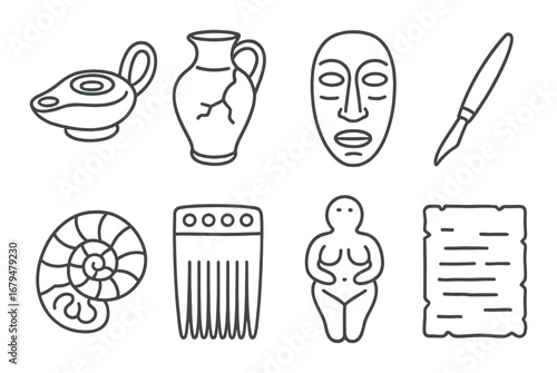 Set of ancient artifacts: pottery, mask, figurine, comb, scroll, shell, lamp, knife