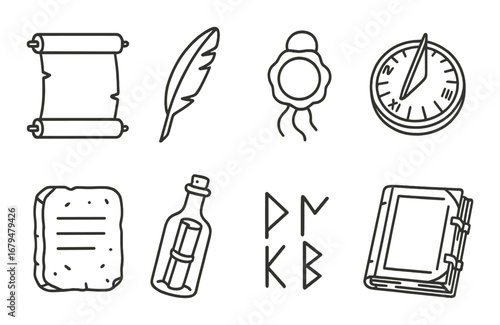 Collection of ancient symbols: scroll, quill, compass, seal, tablet, bottle, runes, book