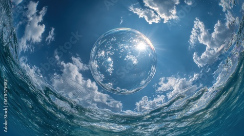 Underwater view of a large sphere reflecting the sky