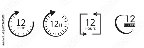 12 hours service icon vector set. 12 hours service duration sign. Vector Set of Hour Labels. 12 hours clock arrow icons, work and delivery time symbols. 12hr support sign collection.