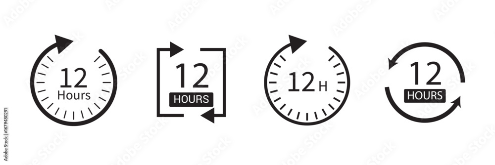 Fototapeta premium 12 hours service icon vector set. 12 hours service duration sign. Vector Set of Hour Labels. 12 hours clock arrow icons, work and delivery time symbols. 12hr support sign collection.