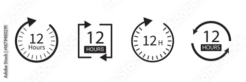 12 hours service icon vector set. 12 hours service duration sign. Vector Set of Hour Labels. 12 hours clock arrow icons, work and delivery time symbols. 12hr support sign collection.
