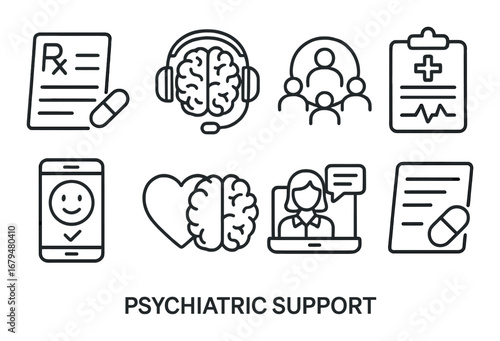 Icons representing psychiatric support and mental health care services
