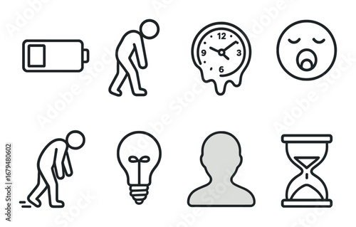 Exhaustion icons: clock, battery, hourglass, and sleepy figure illustrations