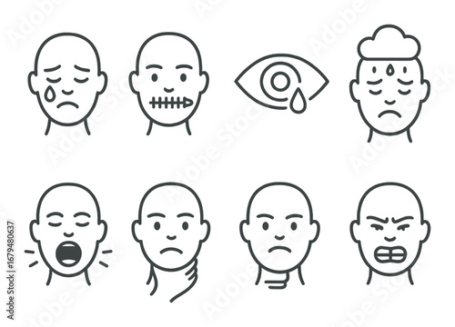 Monochrome emotion icons: sadness, anger, fear, and depression mood illustrations