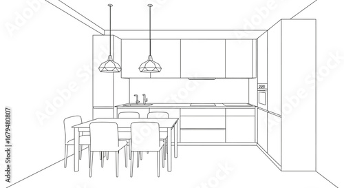 A modern kitchen and dining area in a minimalist line drawing style