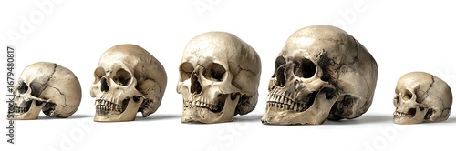 Evolutionary progression of human skulls showing anatomical changes over time
