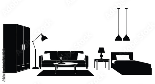 A minimalist black and white furnished bedroom interior with modern decor