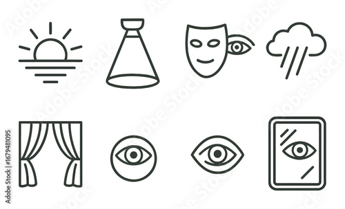 Theatrical symbols: sun, spotlight, mask, curtain, eye, mirror, rain