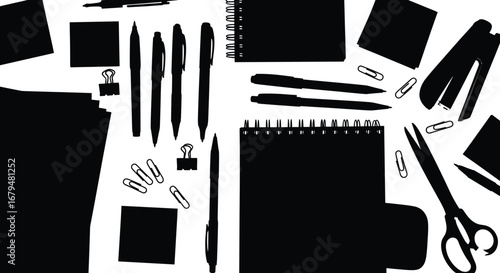 Wallpaper Mural Black silhouette of assorted office supplies including pens, scissors, stapler, notebooks, paper clips, sticky notes, and paper sheets isolated on white background Torontodigital.ca