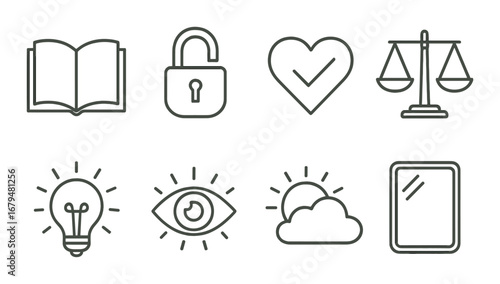 Education, security, love, justice, innovation, vision, nature, reflection icons set