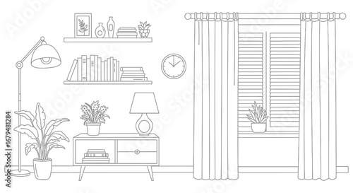 A line drawing of a cozy living room with furniture and decor