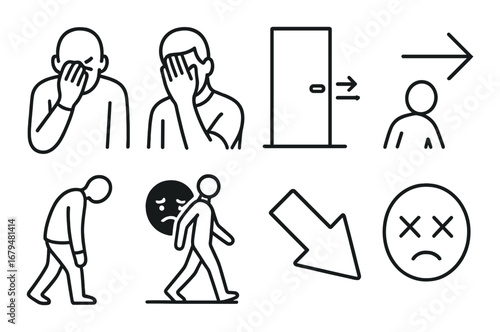 Icons depicting stress and sadness with door exit and downward arrow