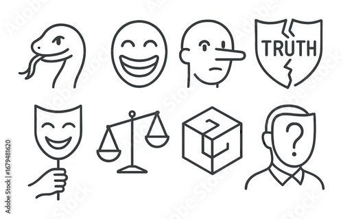 Symbols of deception and truth: snake, scales, and masks illustration