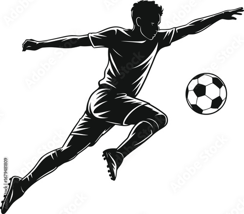 Dynamic silhouette of a soccer player kicking a ball in mid action