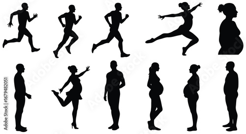 Silhouettes of people running and standing in various poses and styles