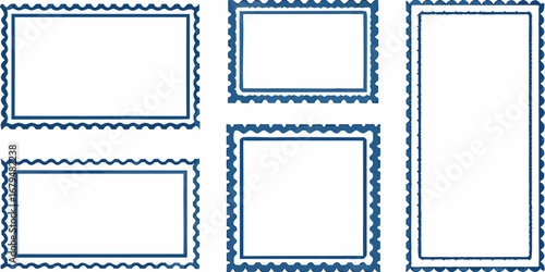 Collection of five blue postage stamp frames with scalloped edges on a white background