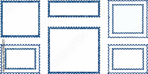 Collection of five decorative blue postage stamp frames with perforated edges on a white background