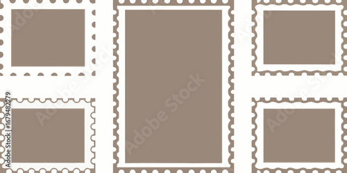 Collection of five blank postage stamps with perforated edges in various sizes and orientations