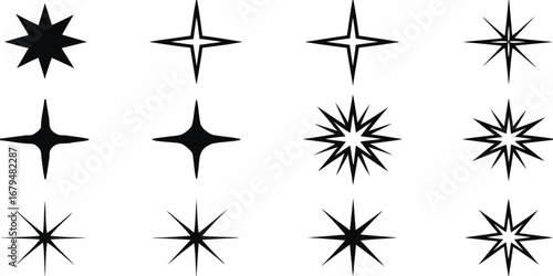 Collection of twelve black starburst and sparkle icons on white background