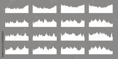 Collection of sixteen white jagged line graphs displayed in a grid against a gray background