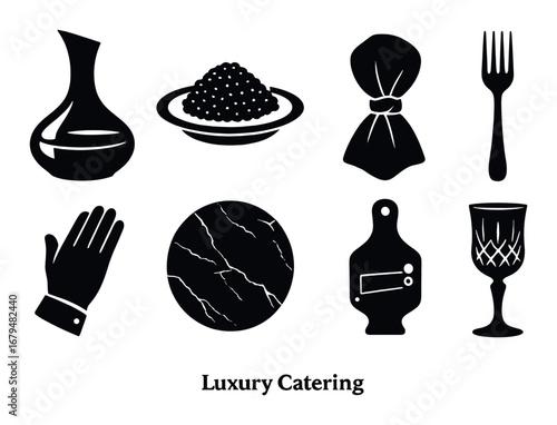 Elegant catering icons: decanter, caviar, napkin, fork, glove, marble, cutting board, glass