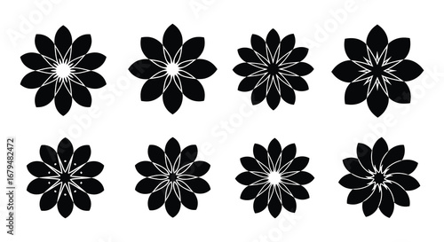 Eight black flower silhouettes with white details on a plain background