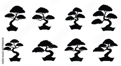 Eight black silhouettes of bonsai trees on white background