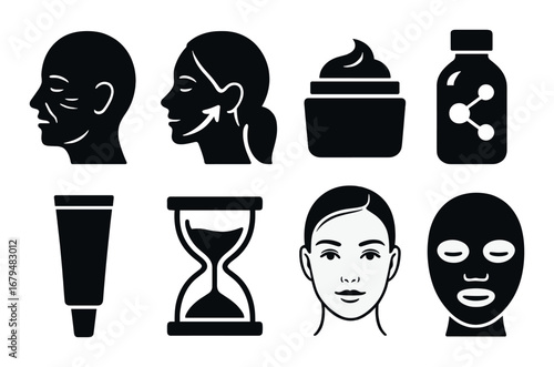 Skincare icons featuring female head illustrations and beauty products on black background
