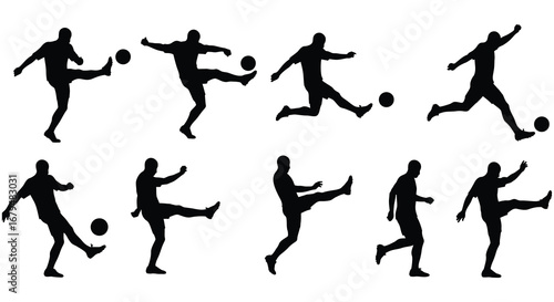 Silhouette of soccer players in various kicking and running poses on white background
