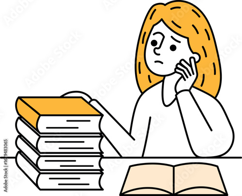 Unhappy schoolgirl with book stack