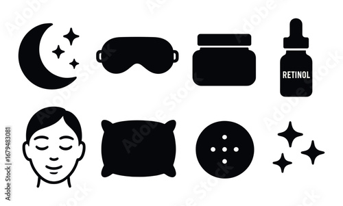 Nighttime skincare essentials: retinol, sleep mask, moon, pillow, face
