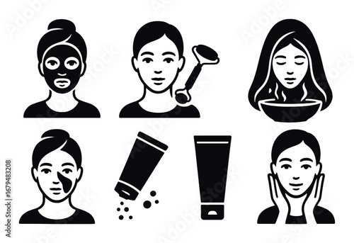 Beauty routine icons: facial mask, cleansing, skincare tools, relaxation, exfoliation, moisturizing